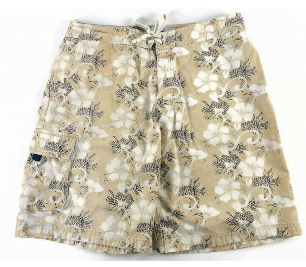 Utility Board Shorts Swim Trunks Men's Size 36 Cotton White and Tan Flowers